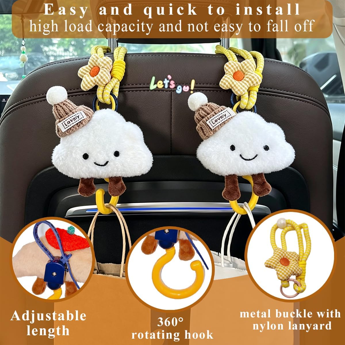 2 Pack Cute Car Headrest Hooks 360° Rotating Adjustable Length, Seat Decorative Hanger for Handbags Shopping Bags(Bow Cloud)