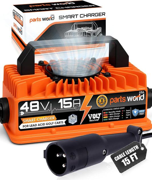 VoltRevive™ 48V 15A Lead-Acid Golf Cart Charger for Club Car DS, Precedent with 3 Pin Round Plug | Fast Charging with TrickleFlow™ | IP67 Waterproof
