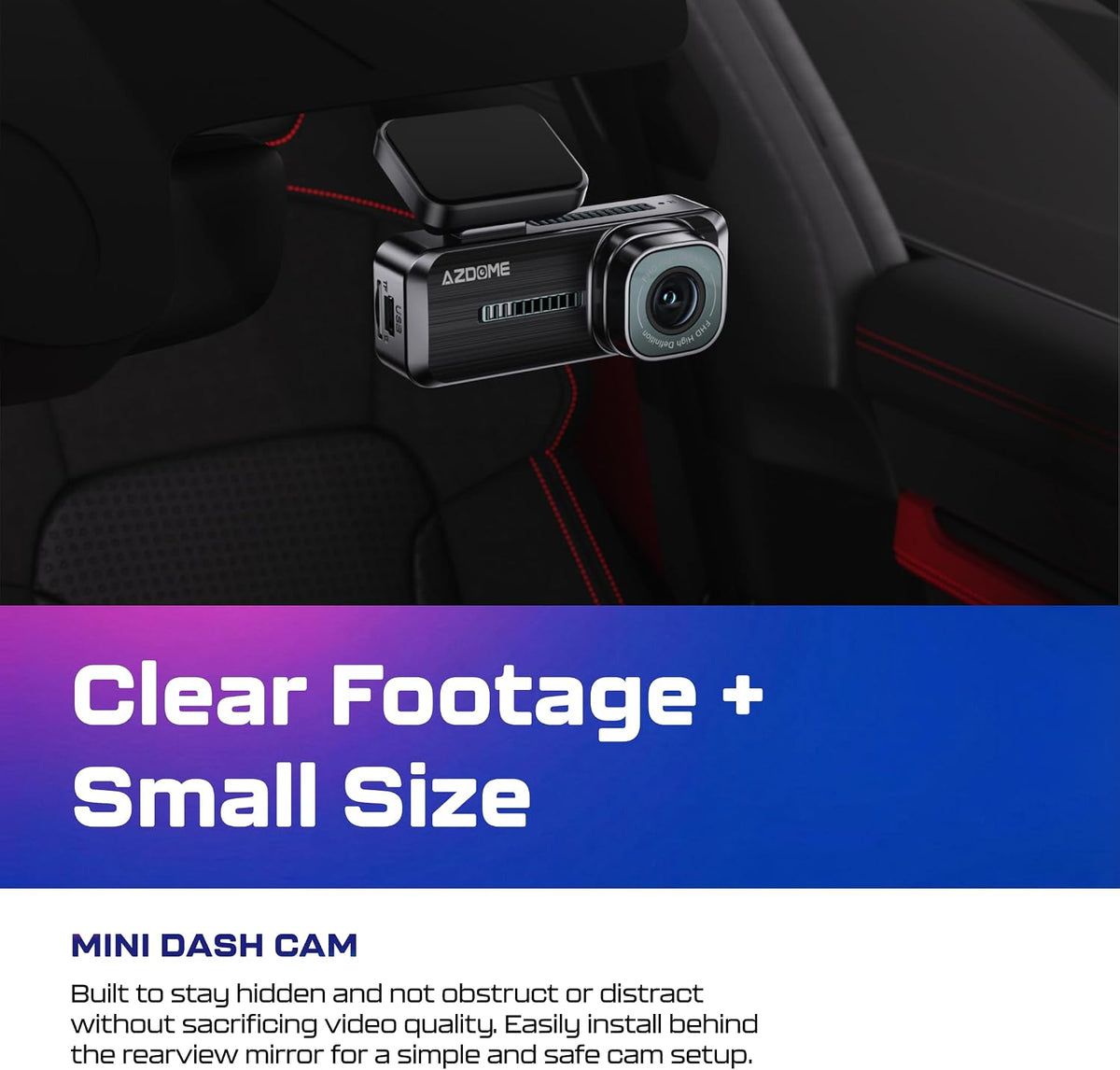 AZDOME M200 Mini Dash Cam WiFi Dashcam - Single Channel Dash Cam for Broad Road Coverage - Built-in WiFi - Full HD Resolution - Parking Monitor - App Connectivity - Collision Detection - Night Vision