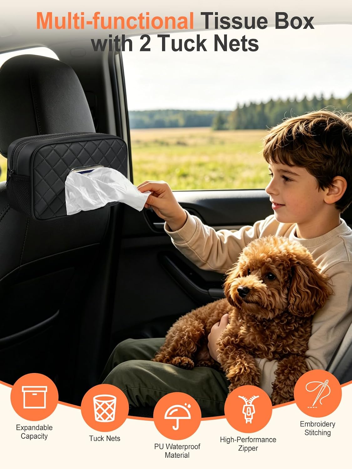 Multi-functional Car Tissue Holder with ‌2 Tuck Nets, Tissue Box Cover
