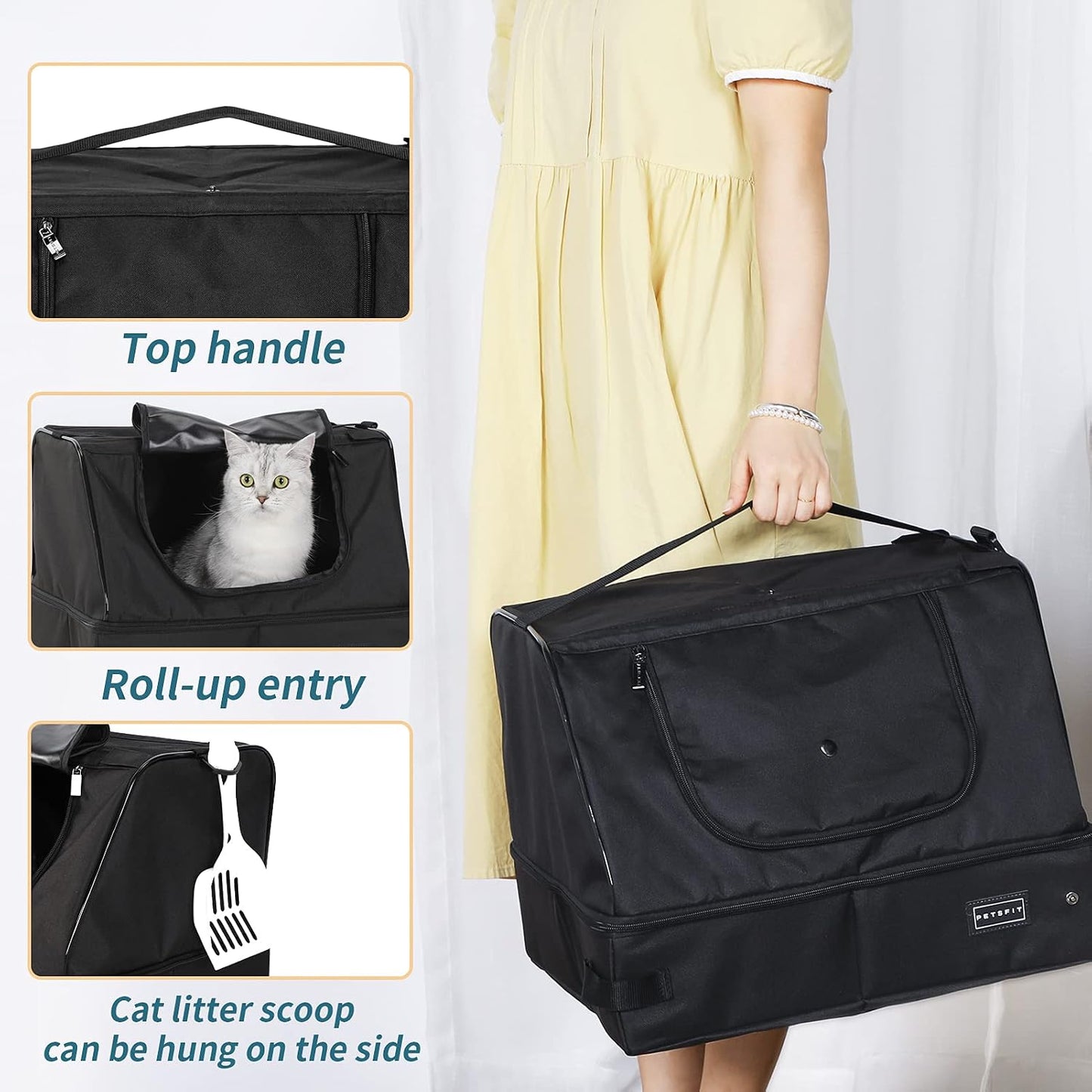 PETSFIT Portable Travel Cat Litter Box – Collapsible, 2-Layer Leak-Proof Washable Liner with Sturdy Support Frame, for Hotel/Car/Camping, Cat Travel Essentials for Kitty/Medium Cats Solid Black