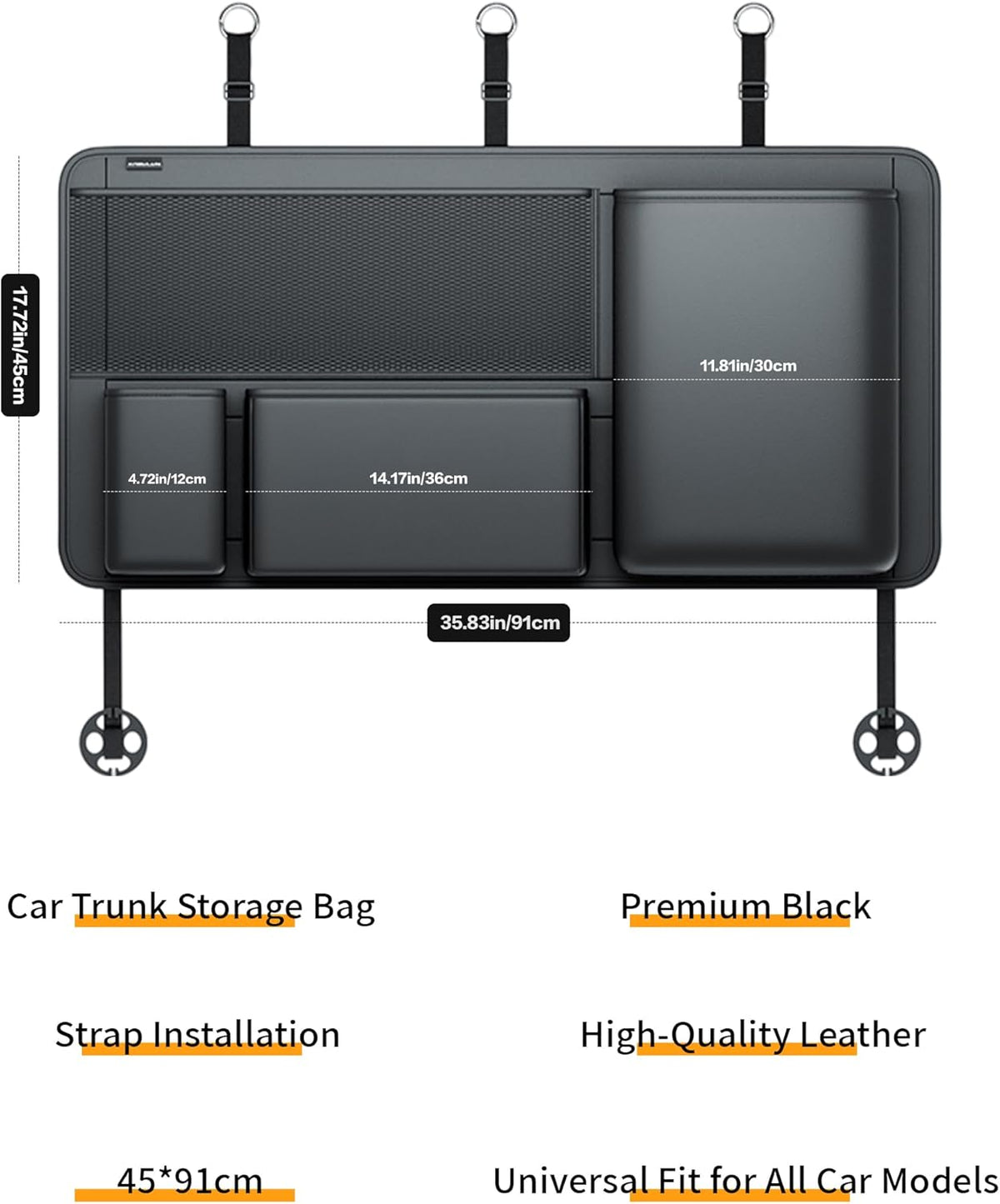 PU Leather Hanging Trunk Organizer, 36in Black | Sturdy Non-Sagging, Tool-Free Install, Fits SUV & Truck, Waterproof Easy Clean, Vertical Backseat Storage