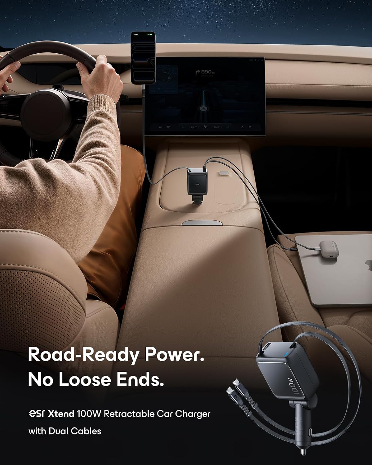 ESR Xtend 100W Retractable Car Charger USB-C & USB-A, Fast Charge, 3-in-1