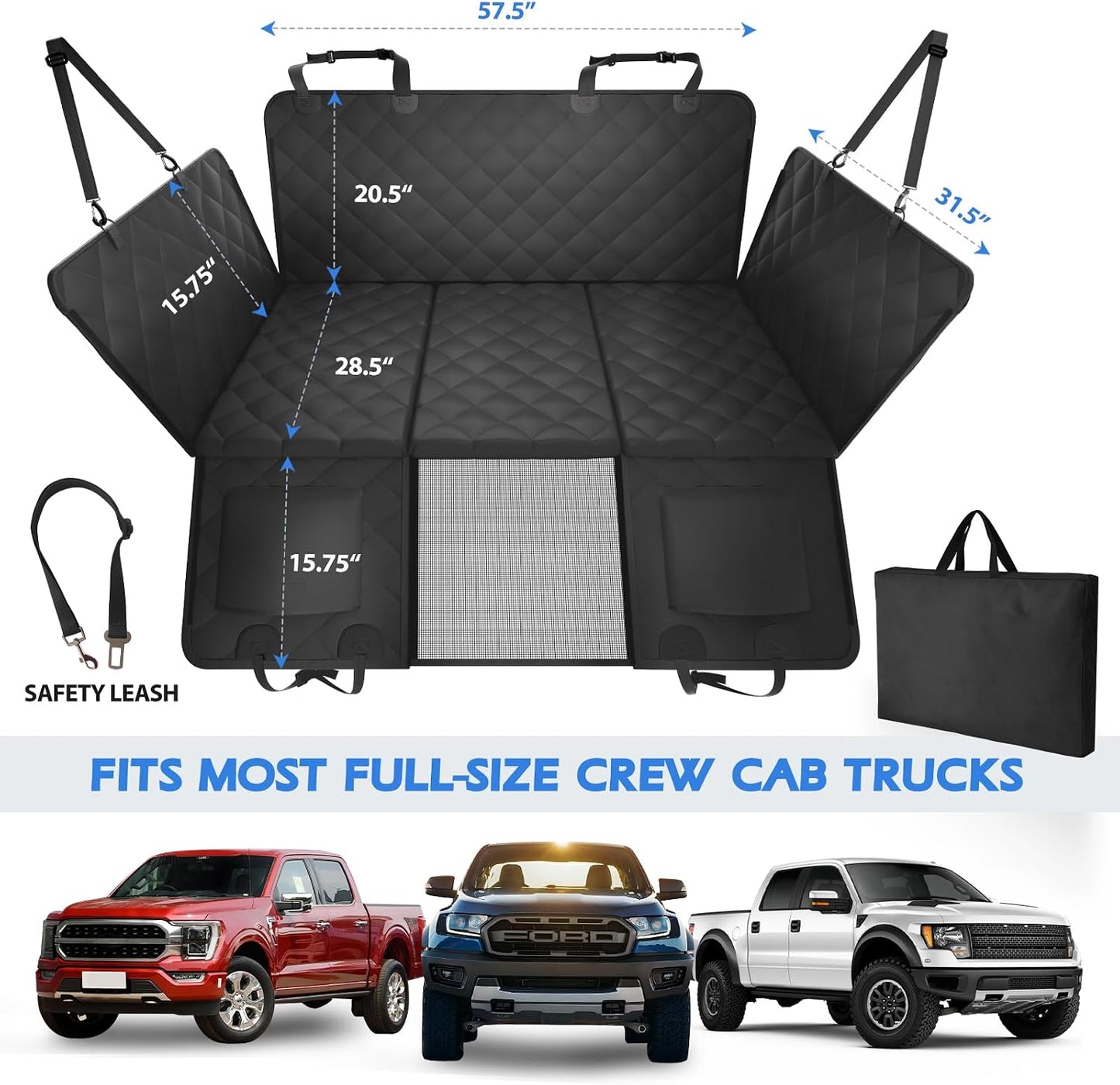 Truck Dog Seat Cover Back Seat, Updated 1.2" Soft Foam with Sturdy 3-Panel Hard Bottom, Waterproof Hammock for Crew Cab – 560lbs Capacity, XL Platform, Comfort for Large and Senior Dogs