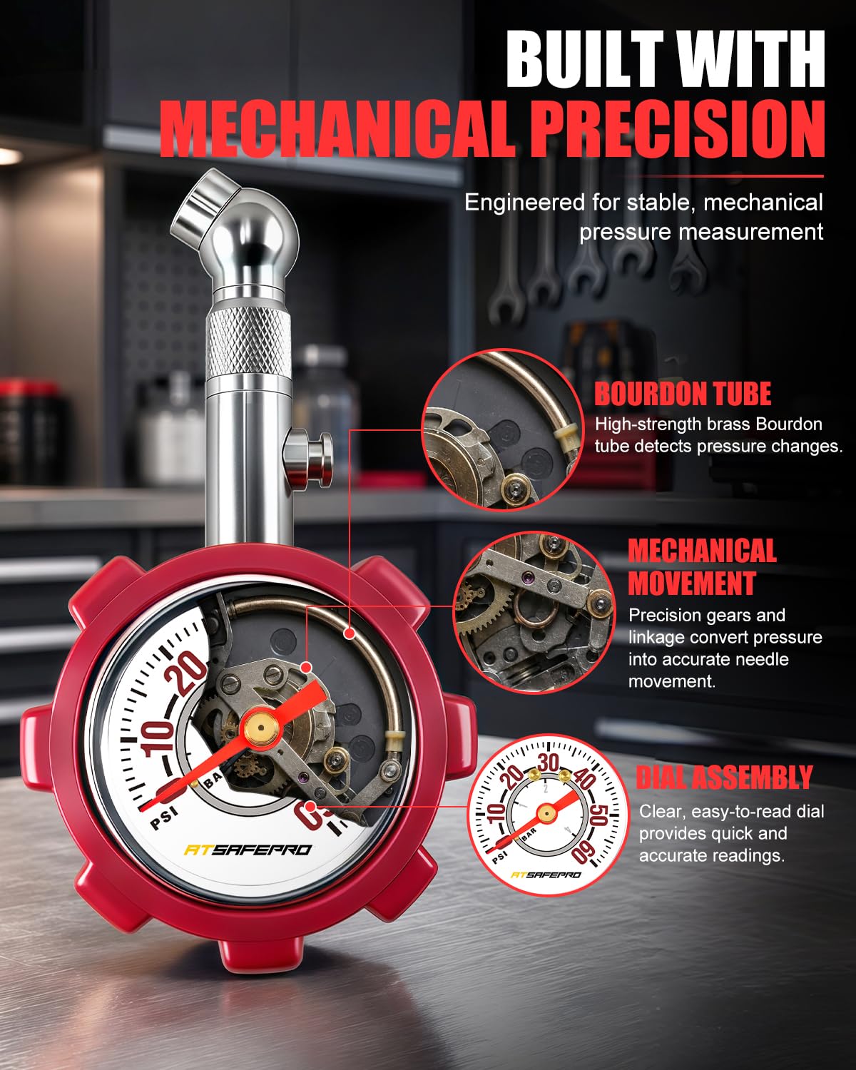 Tire Pressure Gauge 5-60 PSI, Analog 2" Dial, ANSI B40.1,Hold Function
