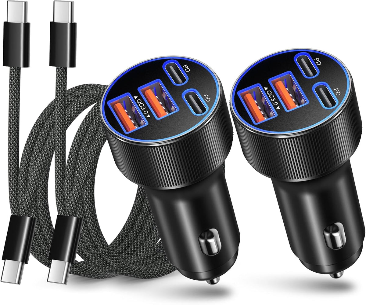 Super Fast Type C Car Charger, Besgoods Dual 45W USB C 4-Port Cigarette Lighter Adapter Compatible with Galaxy S26 S25 Ultra FE S24 S22 iPhone 17 16 15 Pro Max, with 6ft Braided USB C to C Cable