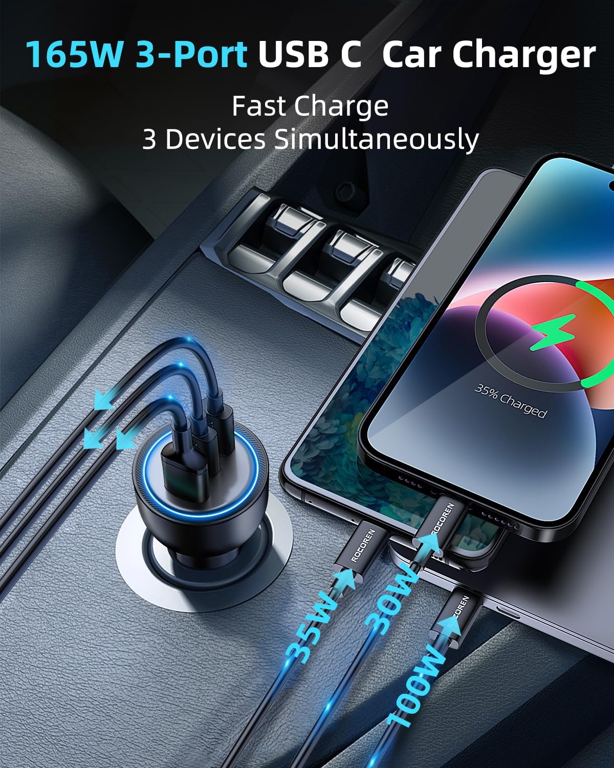 Rocoren 165W PD3.1/PD3.0 USB‑C Fast Car Charger for Laptops & Phones