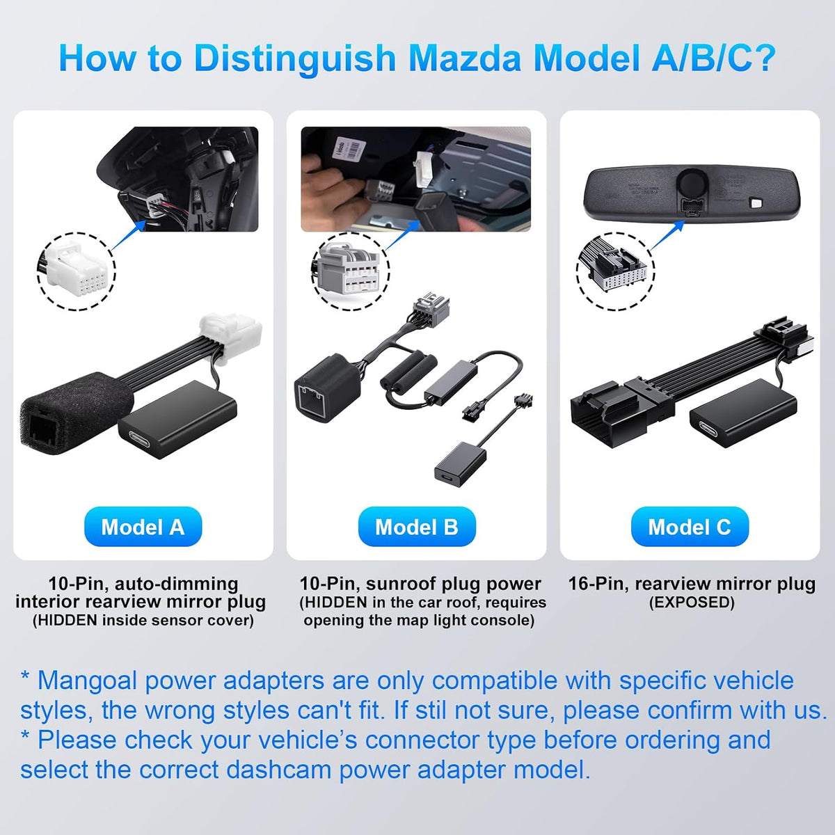 mangoal Dash Cam Power Adapter for Mazda with 10-Pin sunroof Plug (Model B) – Hidden Cable Kit for GPS Radar Mirror Camera, Plug & Play Fits All Mazda Models with sunroof