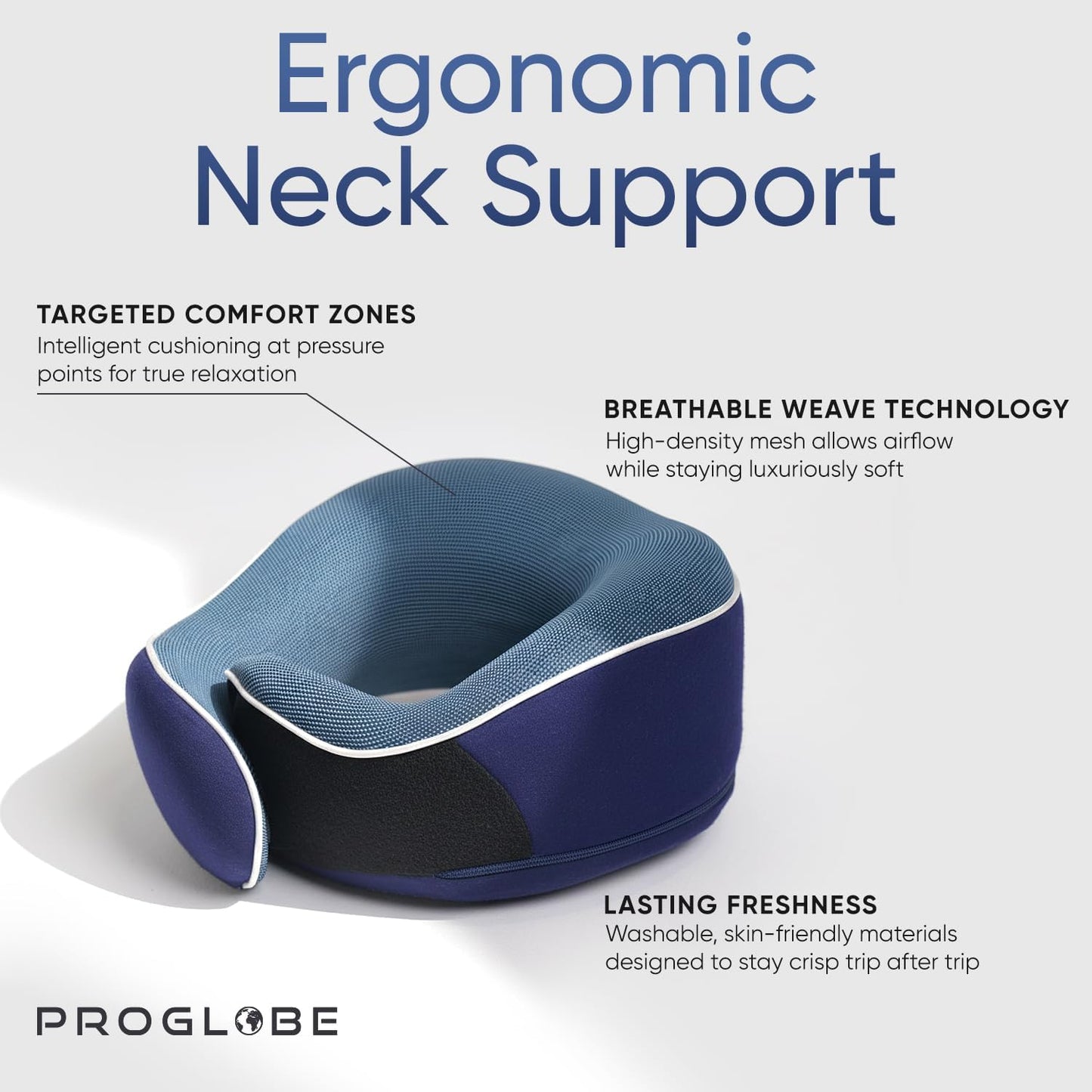 Proglobe Orthopedic Neck Pillow Travel Neck Pillows for Airplanes, Memory Foam Kit, Updated Resting Material, Airplane Travel Set with 3D Contoured Eye Masks, Earplugs, and Luxury Mesh Bag (Blue)