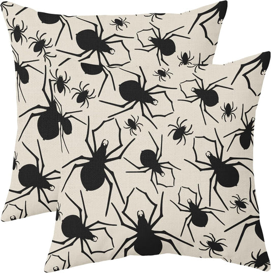 Robvobe Cream Halloween Pillow Covers 18x18 Set of 2 Black Spider Print Outdoor Decorative Throw Pillows Holiday Scary Themed Farmhouse Pillowcases Linen Cushion Case Decor for Home Sofa Couch Bed