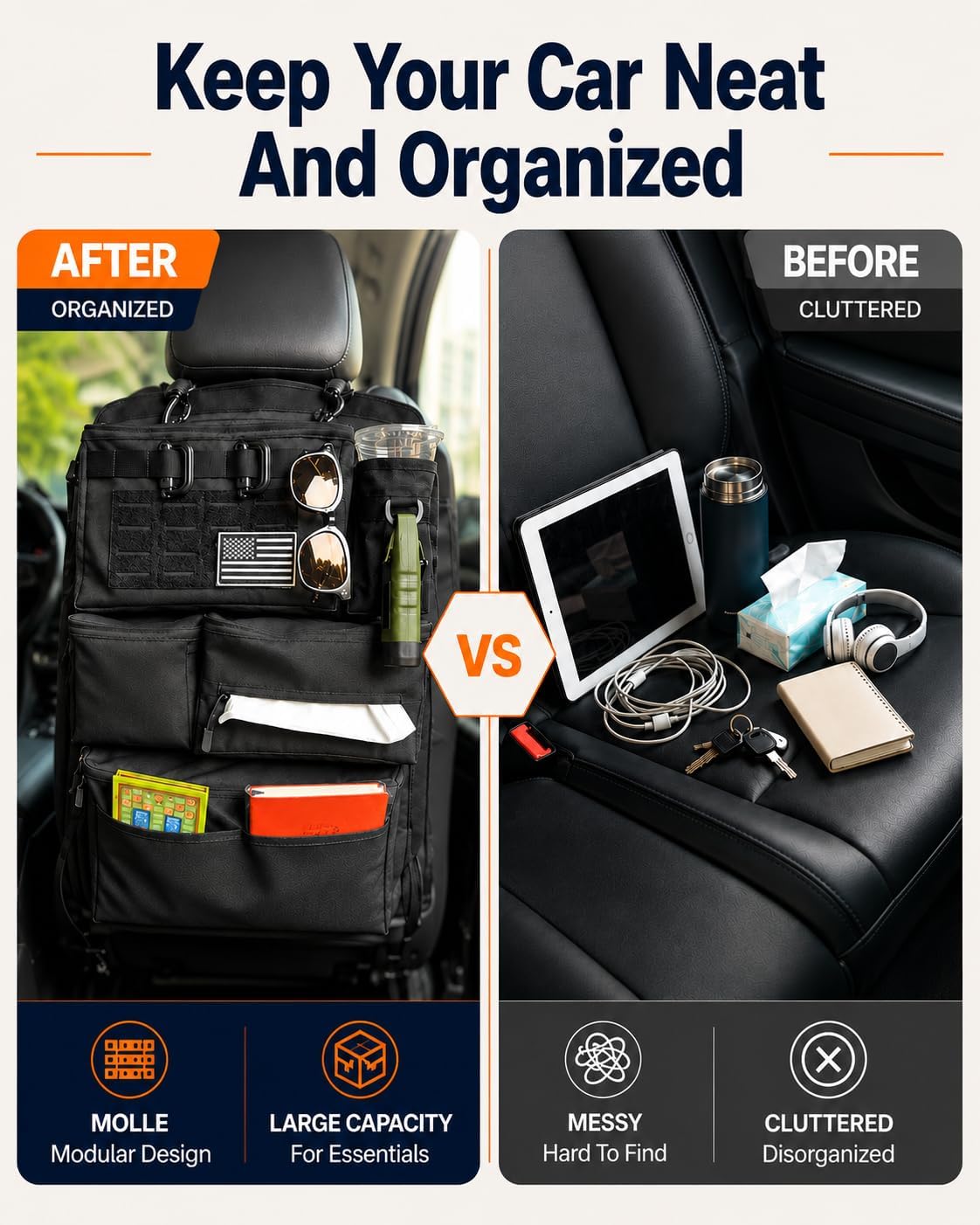 Backseat Car Organizer, Tactical MOLLE Seat Back Organizer with 6 Pockets