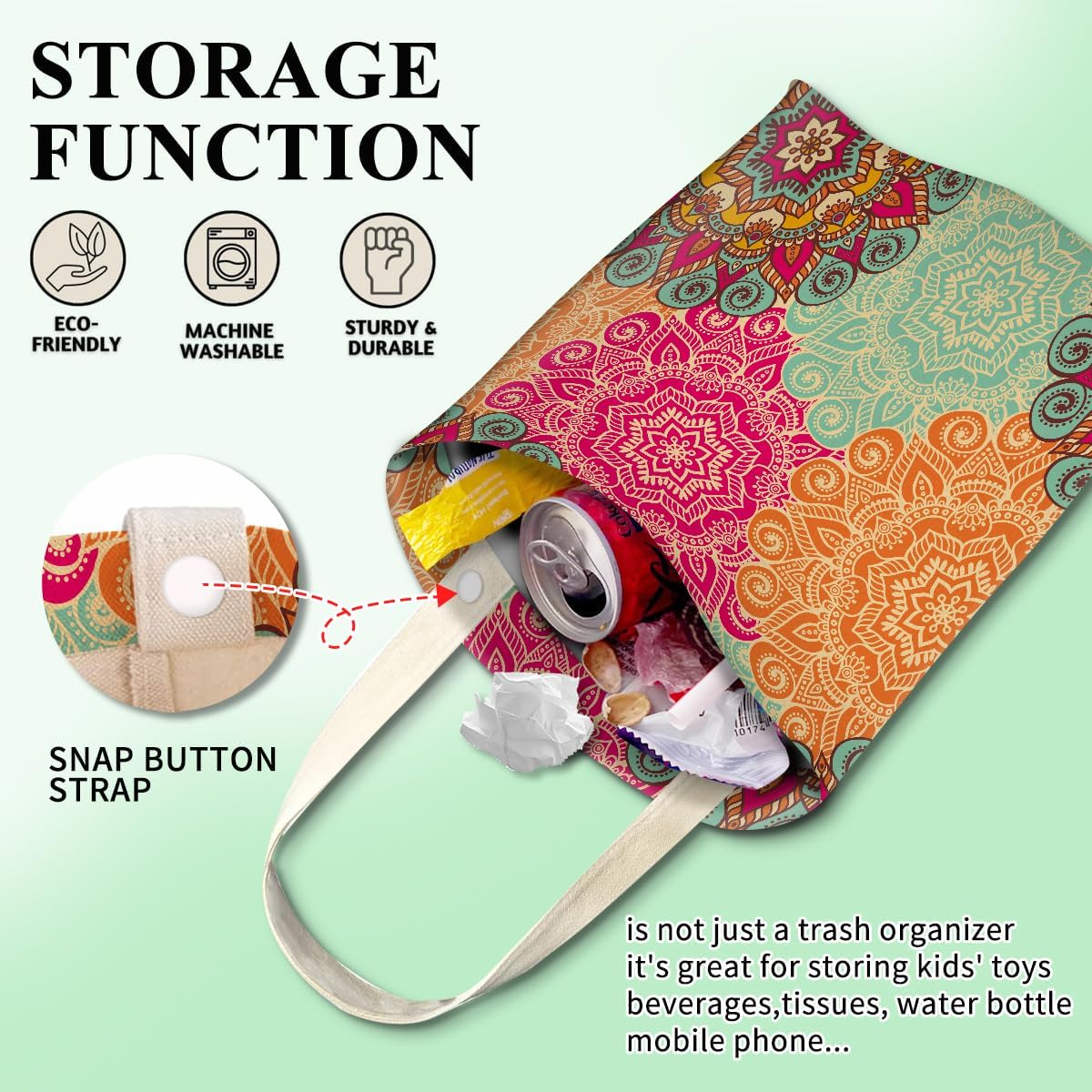 Cute Car Organizer and Storage Bag, Hanging Trash Bin for Vehicle, Travelling, Camping - Colorful Flowers Pattern