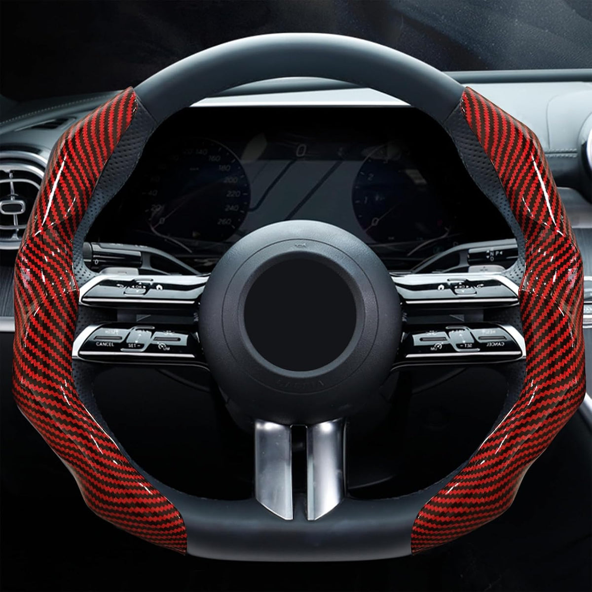 Carbon Fiber Steering Wheel Cover 2PCS Segmented Clip-on Protector (Red)