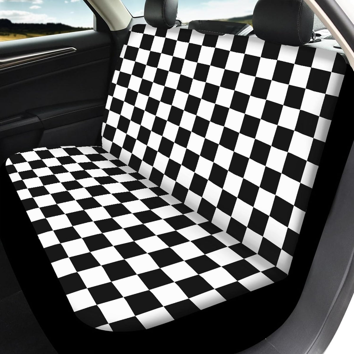 Checkered Car Seat Covers Full Set,Geometric Plaid Pattern Black White Car Racing Sports Chessboard Vehicle Front Rear Bench Cushion Protectors Auto Interior Accessories Universal for Trucks