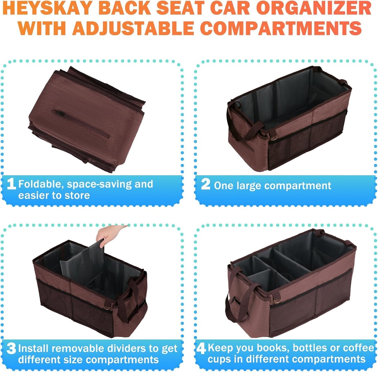 HEYSKAY Car Seat Organizer-Passenger Seat Organizer, Collapsible Small Car Seat Organizer for Console Front/Back, Car Caddy Organizer with 4pc Drink Holders Automotive Backseat Organizer for Kids