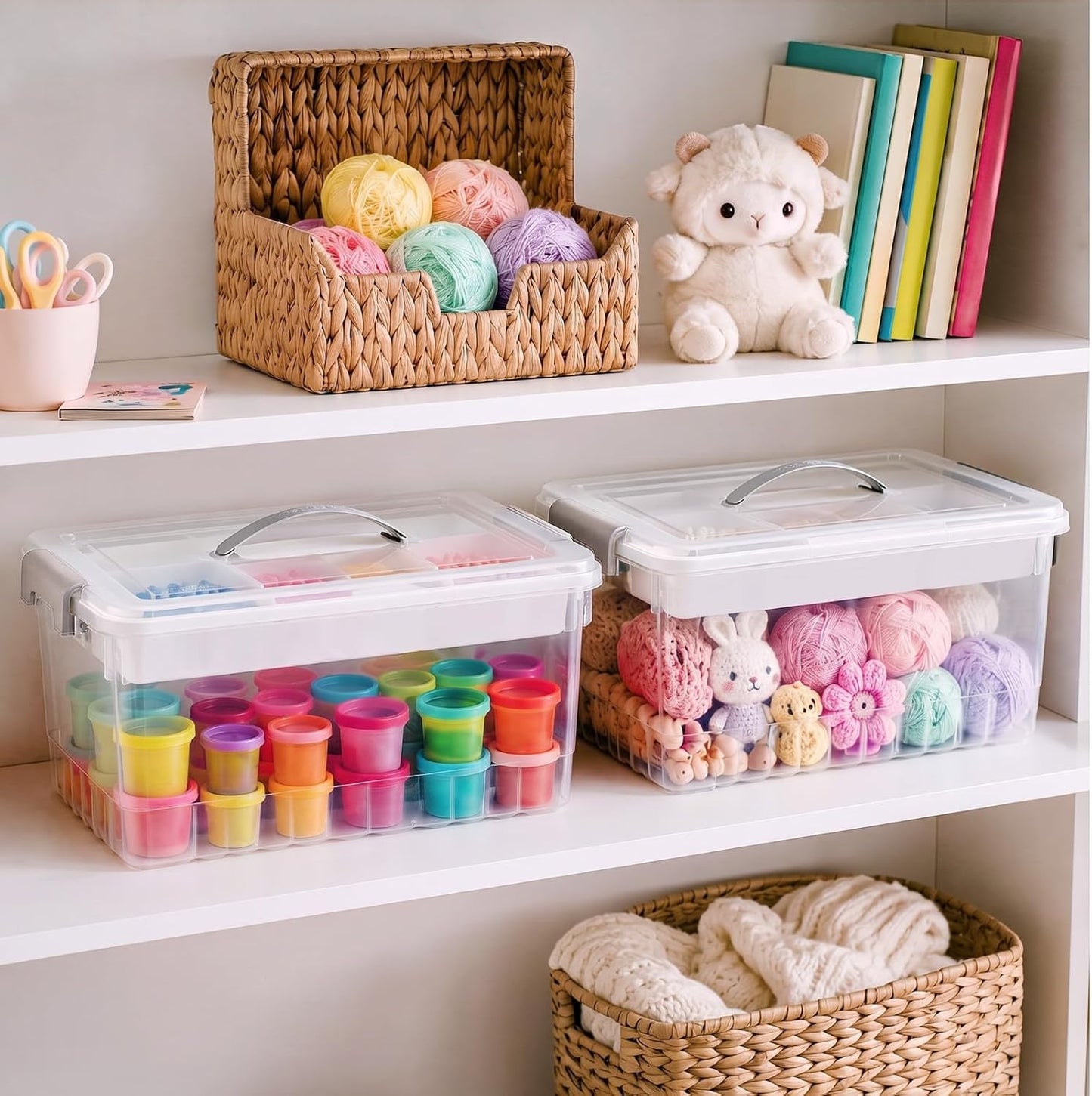 4 Packs 17 Qt Plastic Storage Bins Clear Storage Box with Lids Clear Plastic Latching Box Organizer Stackable Bin with Lid & Tray for Organizing Tool Arts Craft Crayon and Car Trunk