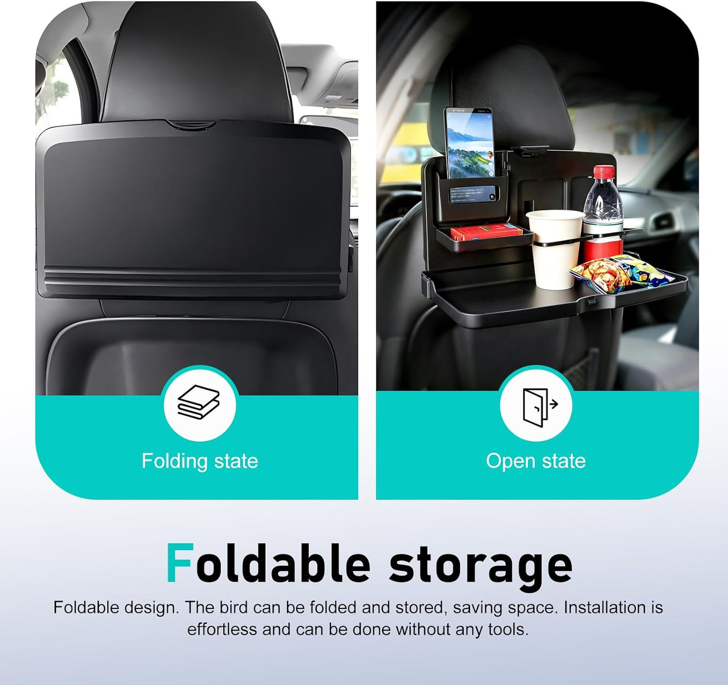Car Food Tray Holder, Multifunctional Foldable Car Backseat Travel Tray, 13.38" x 7.87" Back Headrest Seat Eating Food Trays, for Food, Meal, Snack, Drinks (Black)