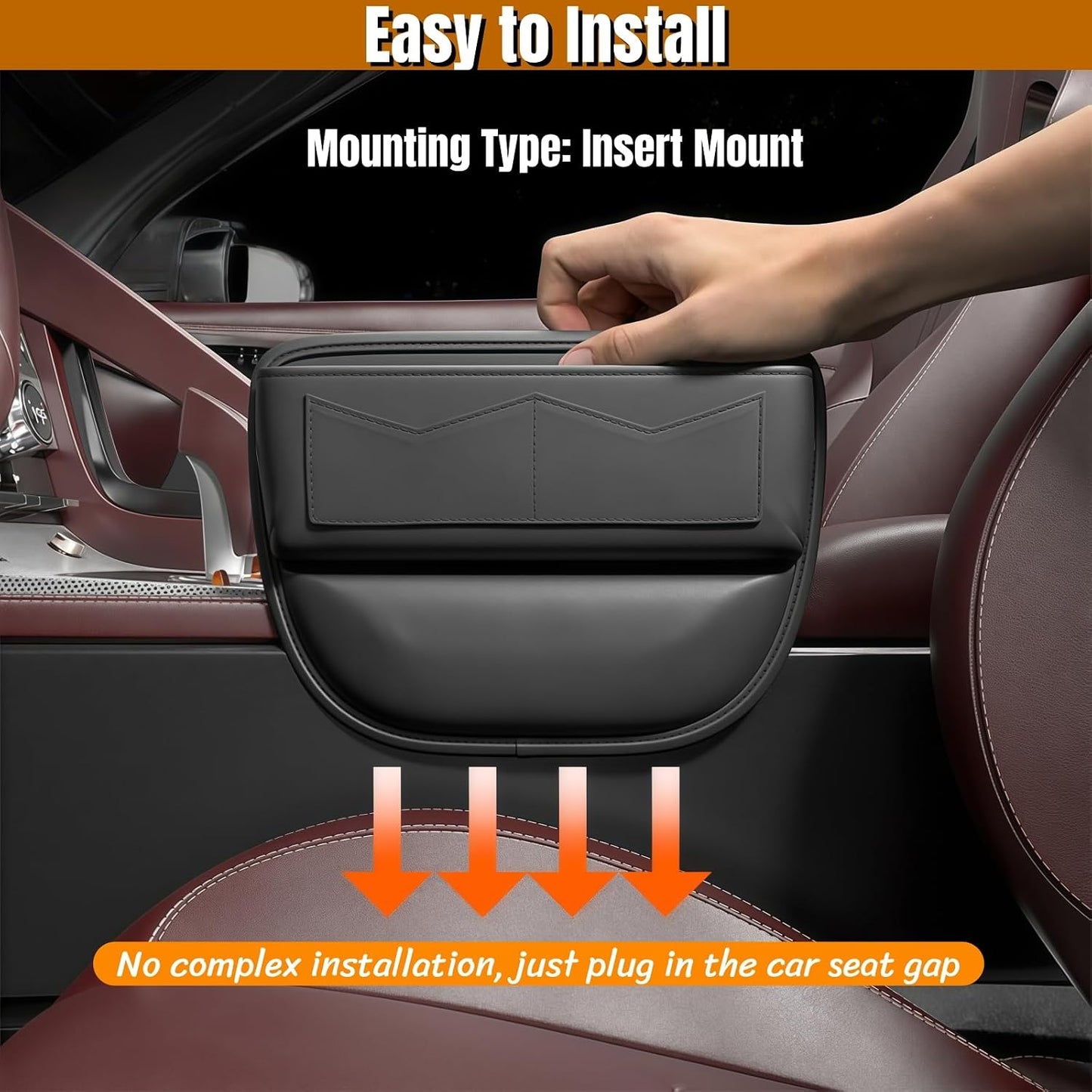 BLIRITEL Car Seat Gap Filler Organizer with Charging Hole, PU Leather Car Seat Gap Plug with Storage Slot, Car Console Side Organizer for Phone, Keys & Cards (Black-2 Pack)
