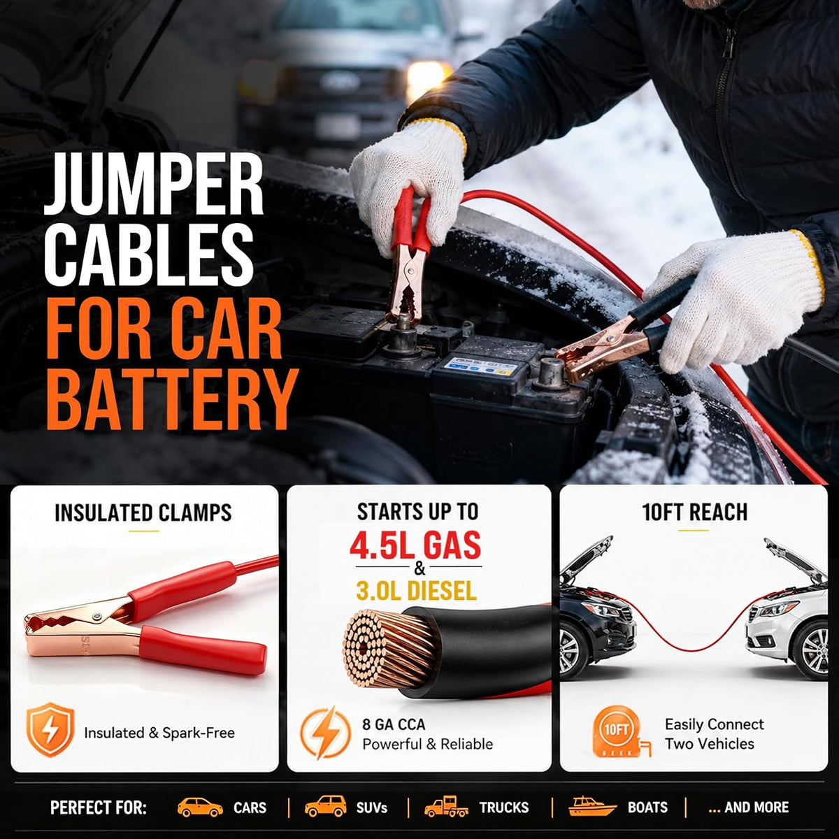 Winter Car Emergency Kit with Jumper Cables, 2-in-1 Detachable Snow Brush