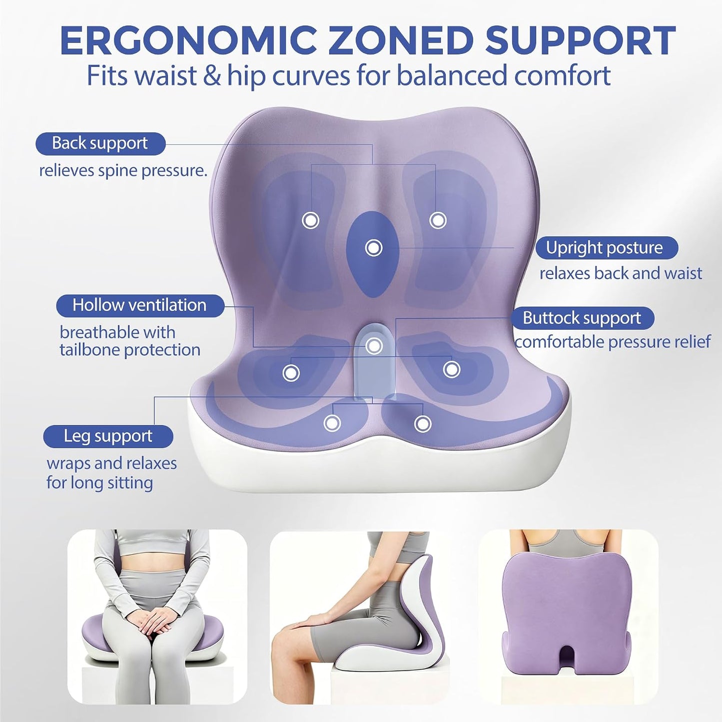 Seat Cushion for Office Chair and Car, Ergonomic Memory Foam Seat Cushion with Lumbar Support Pillow, Orthopedic Cushion for Sciatica & Back Pain, Purple & Light Gray