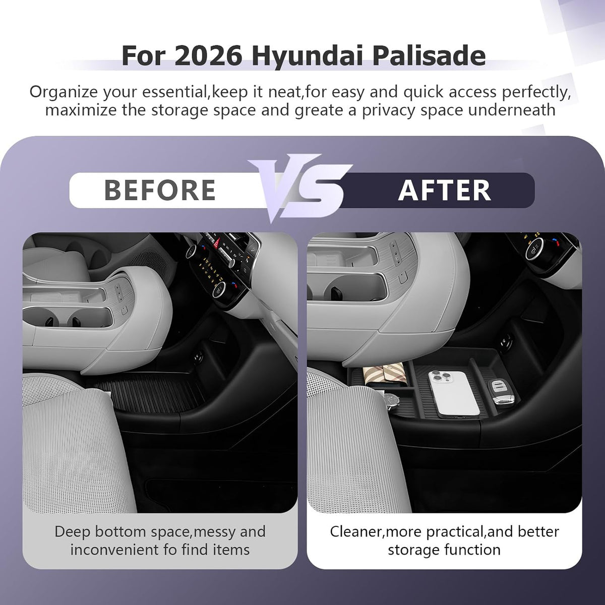LUWU Low Center Console Organizer Compatible with 2026 2027 Hyundai Palisade Calligraphy Accessories Armrest Console Organizer Armrest 2027 Palisade Lower Storage Tray w/o Cup Holder(ONLY for 7-Seat)