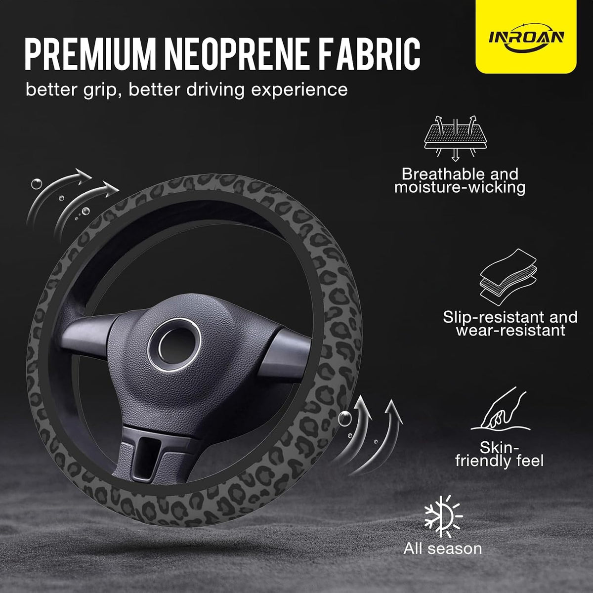 Black Leopard Print Cheetah Steering Wheel Cover for Women, Anti-Slip Breathable High Elastic Neoprene Car Steering Wheel Cover, Universal 15 Inch for Cars, SUVS, Includes 2 Ceramic Cup Coasters