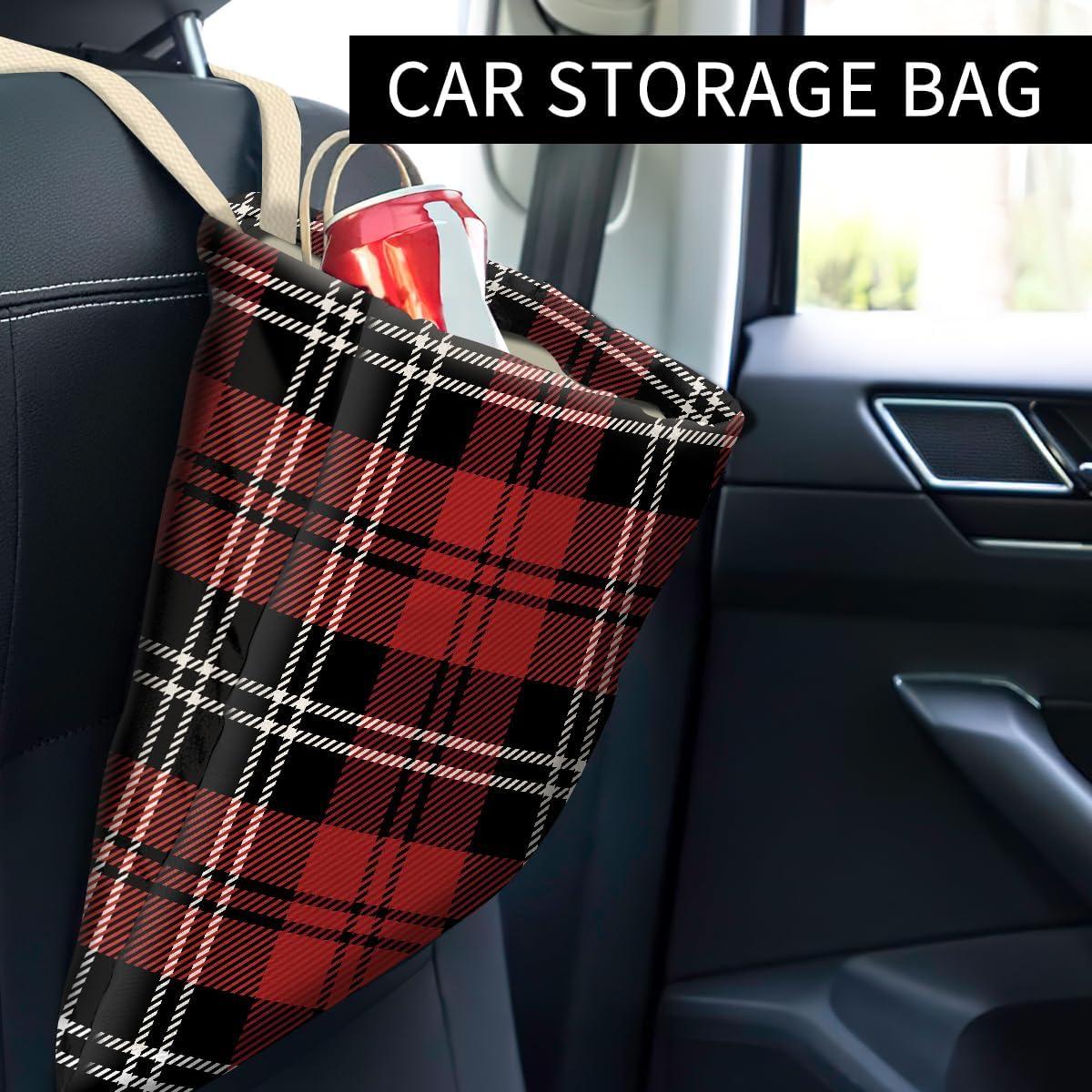 Car Trash Can, Hanging Car Organizer and Storage Bag, Trash Bin for Vehicle, Travelling, Camping Black and Red Checkerboard