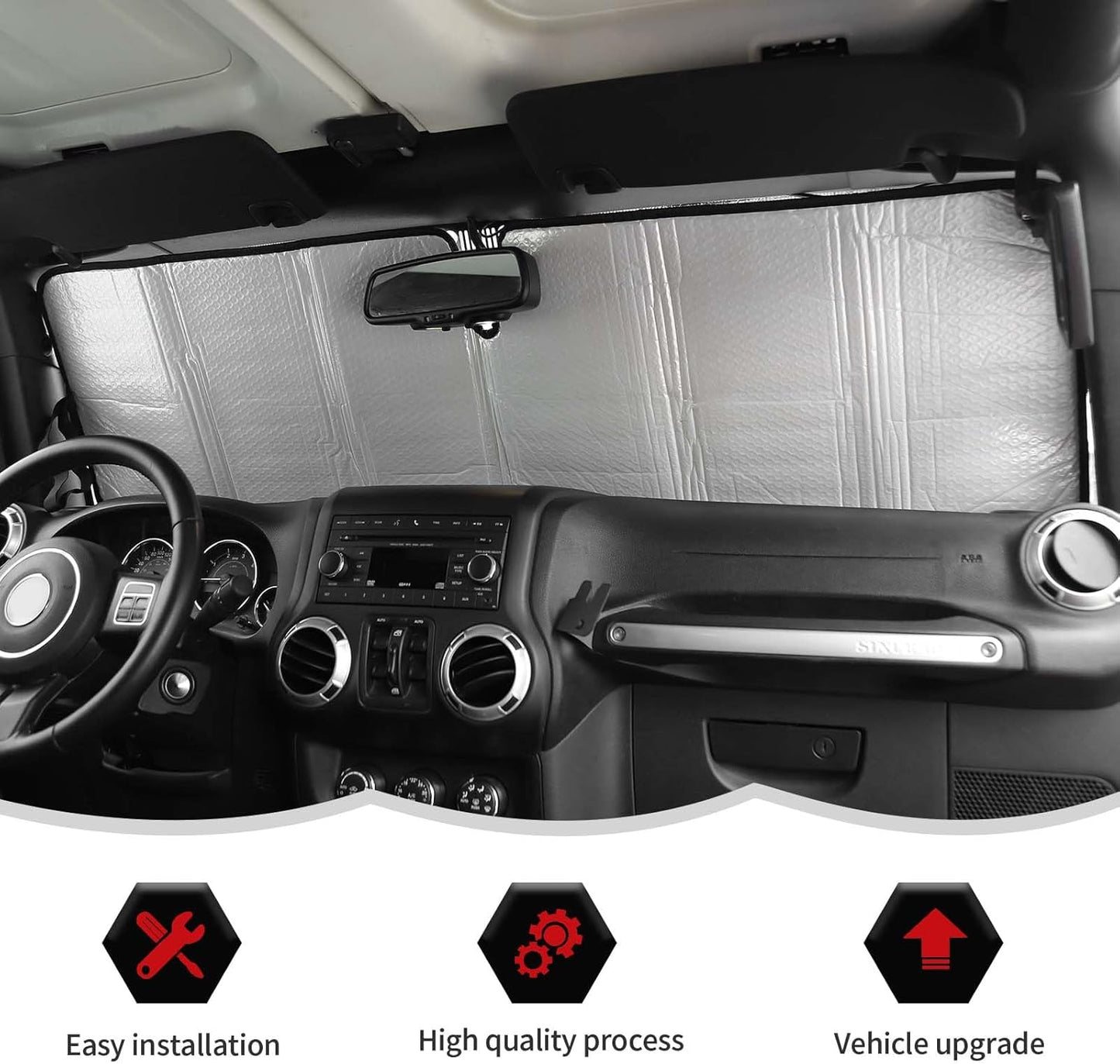 Windshield Sunshade Sun Shade Heat Shield Sun Visor Mat Compatible with Jeep Wrangler Rubicon Sahara TJ JK JKU 2 Door & 4 Door