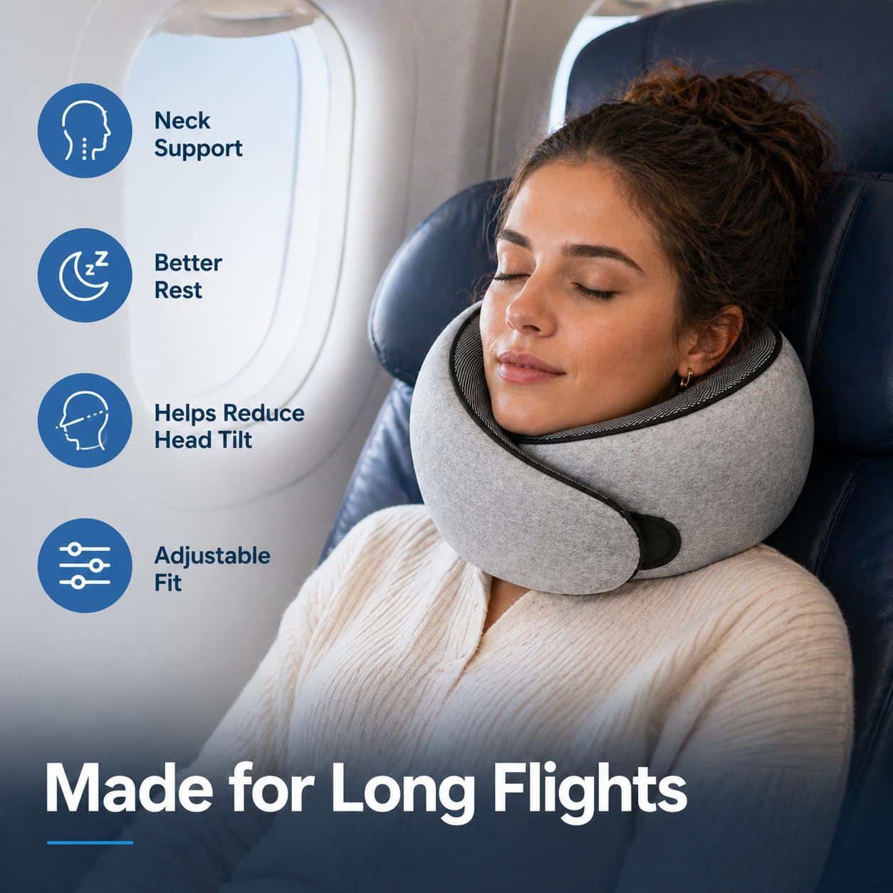 Purroch G-Shape Memory Foam Travel Neck Pillow - 100% Pure Foam Ergonomic Support with Eye Mask & Ear Plugs for Airplane Flights, Car Trips & Office Naps, Medium Gray