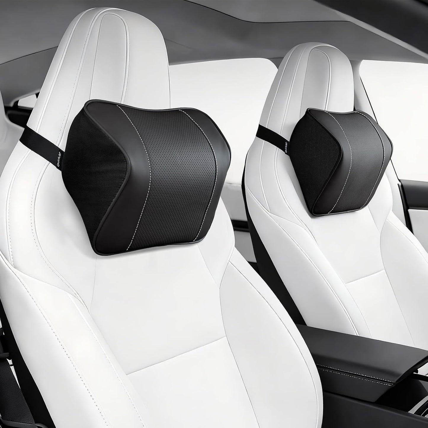Quintor Genuine Leather Car Neck Pillow,Memory Foam Headrest Cushion, Ergonomic Cervical Support for Tesla Model 3/Y/X, Lexus, BMW- Breathable & All-Season Soft (2 PC)