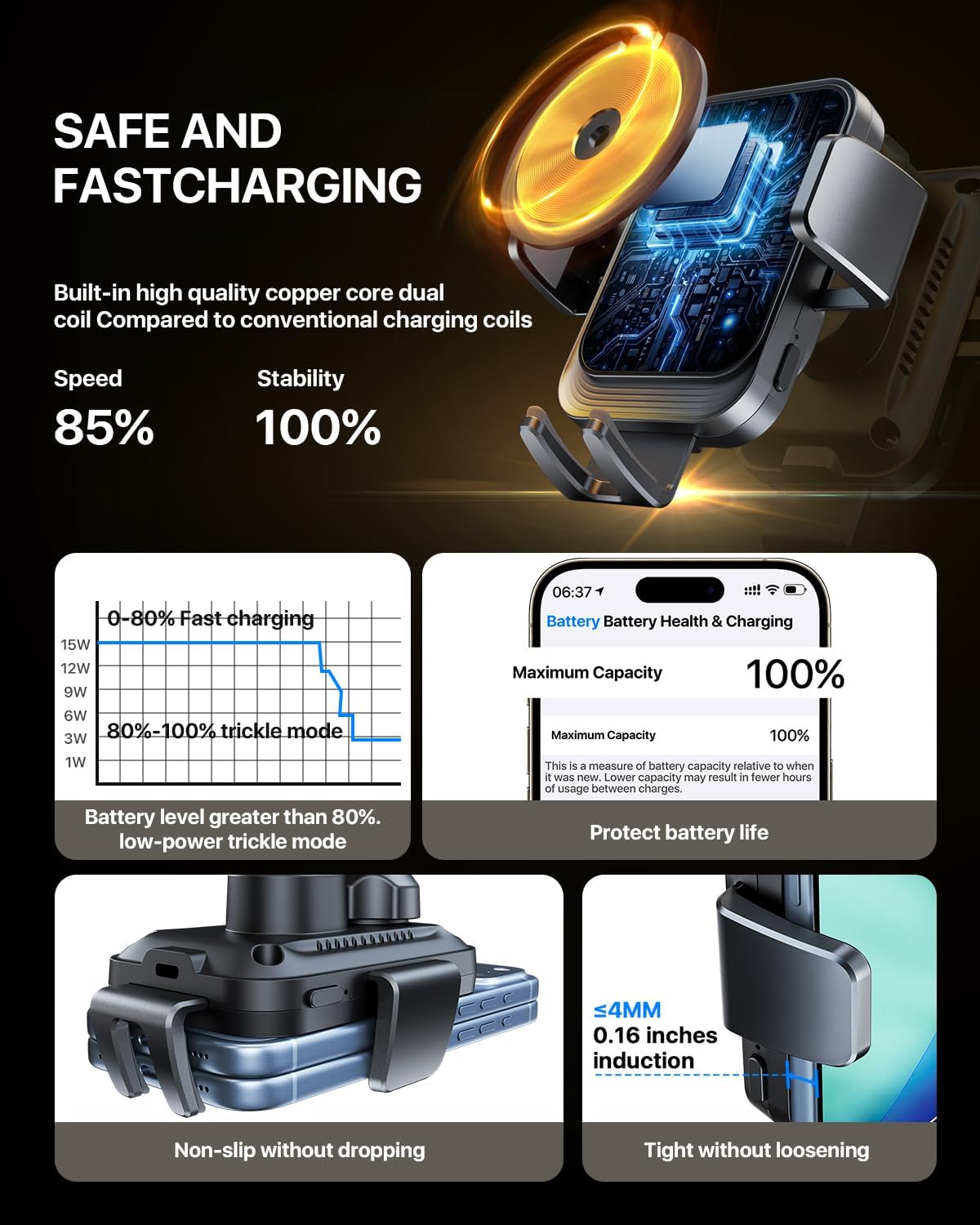 HTU Wireless Car Charger 15W Auto Clamping Phone Holder Dash Windshield Vent, Car Charger Compatible with iPhone 17 16 15 14/13/13 Pro/12 pro/12/11/X/8, Samsung S24/S23/S22,Black
