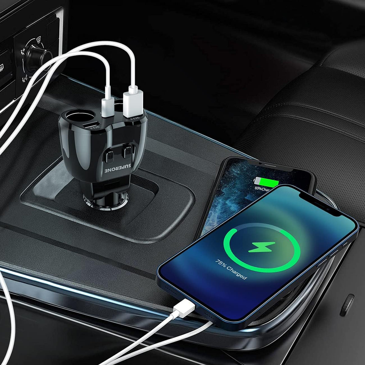 Cigarette Lighter Splitter, SUPERONE 180W 2-Socket Adapter with PD USB-C