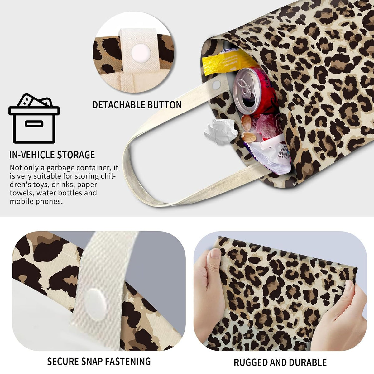 Cute Car Trash Can, Hanging Canvas Car Back Seat Organizer and Storage Bag, Funny Car Trash Bag For Travelling, Outdoor Classic Leopard Print
