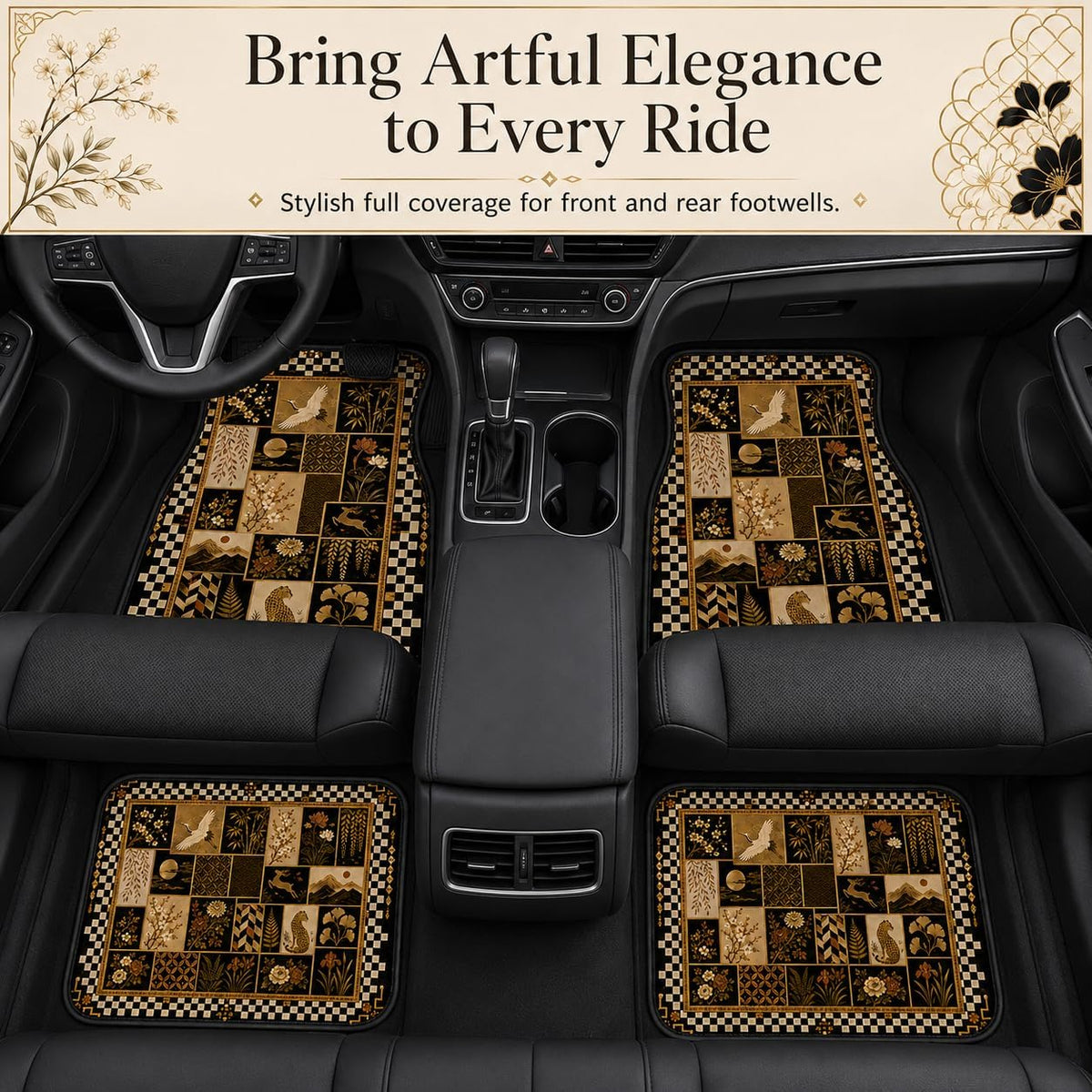 Crane Oriental Patchwork Car Floor Mats 4 Piece Set, Checker Flora Universal Auto Floor Mats for Cars SUVs Trucks, Non-Slip Easy Clean Durable All-Weather Interior Mats