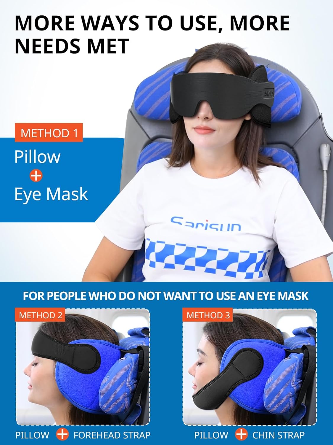 SARISUN Travel Pillows for Airplanes with Sleep Eye Mask, Chin Strap, Airplane Pillow for Long Flights, Car Road Trip, 360° Support Headrest, Stop Bobblehead Travel Essential, Mottled Grey