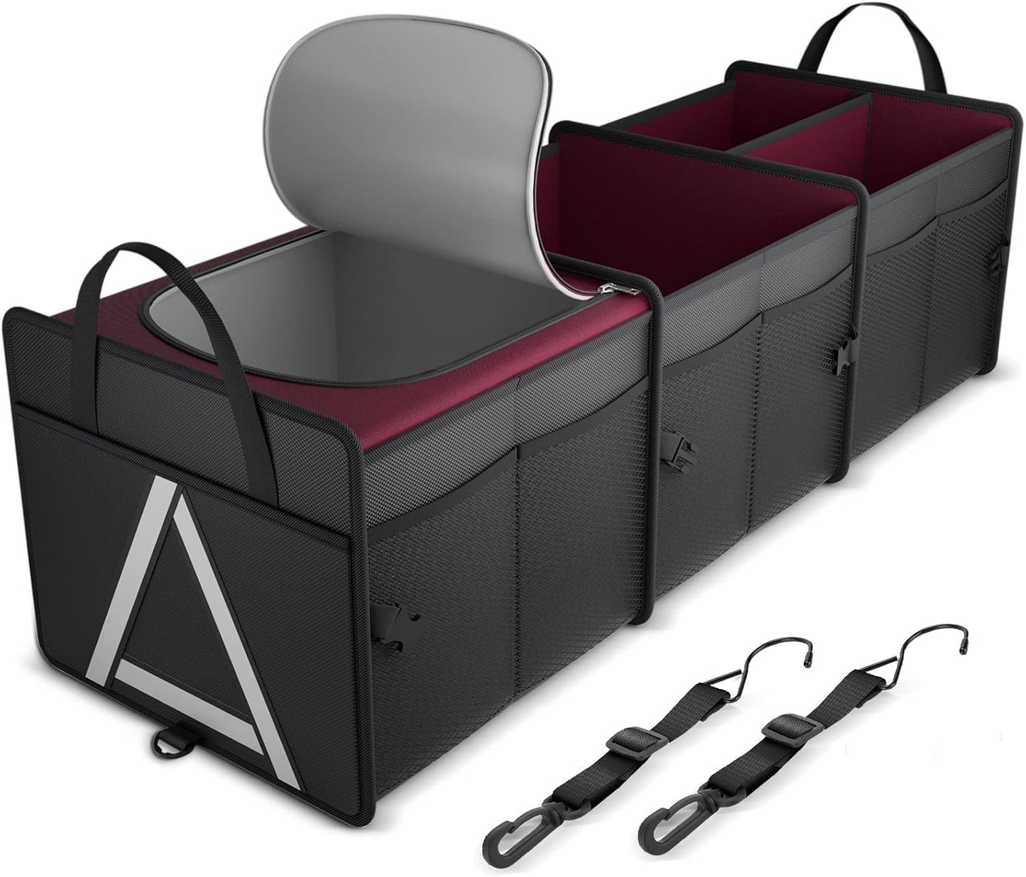 K KNODEL Sturdy Car Trunk Organizer with Premium Insulation Cooler Bag, 3 Compartments Heavy Duty Collapsible for Car, SUV, Truck, or Van (Large, Black)