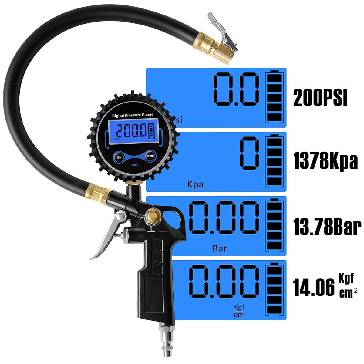 200 PSI Digital Tire Pressure Gauge with Inflator,Air Chuck Quick Connect Coupler,Standard Schrader 7.8mm 5/16-32NPT Valve,Car Accessories for SUV, Truck, RV (15, Gold)