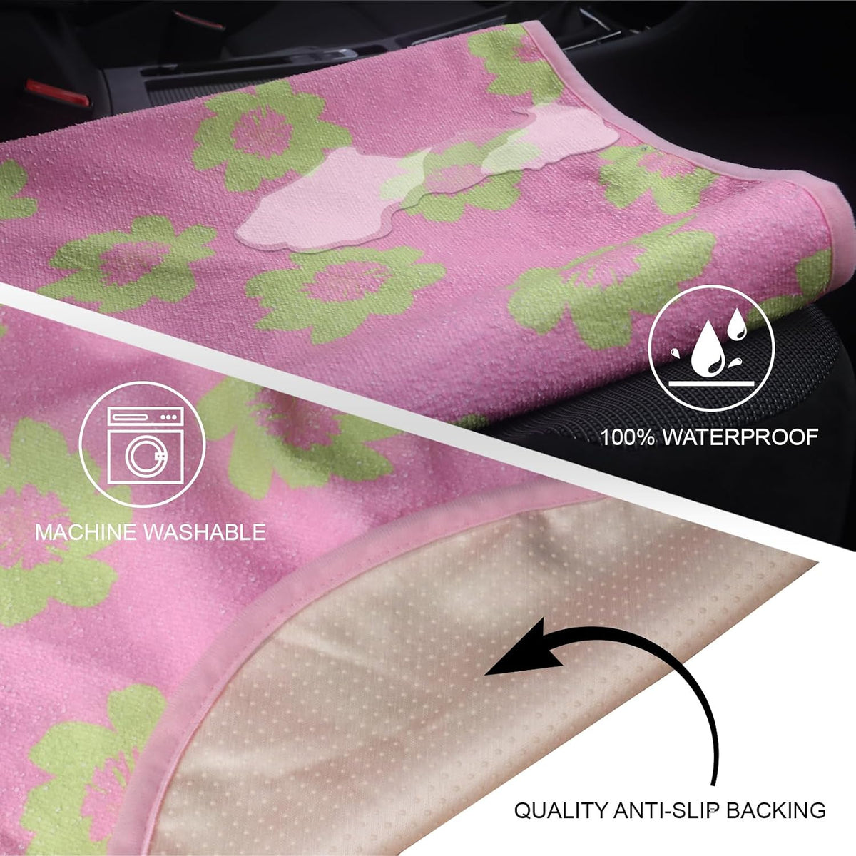 Sweat Towel Car Seat Cover Protector Front Seats for Gym Workout, Running, Swimming, Beach and Hiking, Waterproof Universal Seat Cover for Car, Trucks, Van & SUV (1, Pink Flower, Rear Seat)