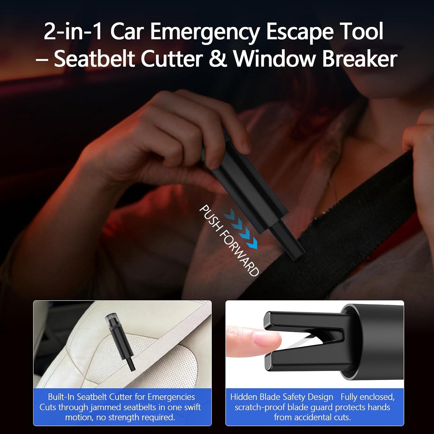 3-Pack Car Window Breaker and Seatbelt Cutter, Spring-Loaded Emergency Escape Tool, Glass Breaker for Underwater Use, 4 Car Door Shock Pads Included