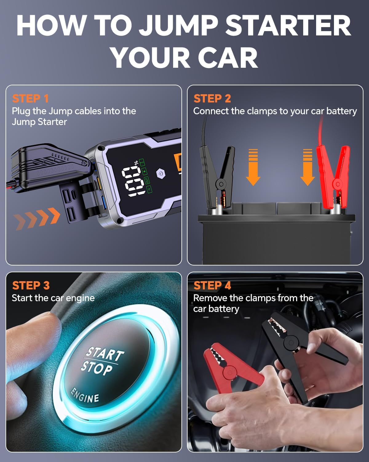 CARHEV 7000A Car Battery Jump Starter, Car Jumper Starter Portable for Up to 10L Gas or Diesel Engines, 12V Jump Box with USB Output, Jumper Cables, LED Light