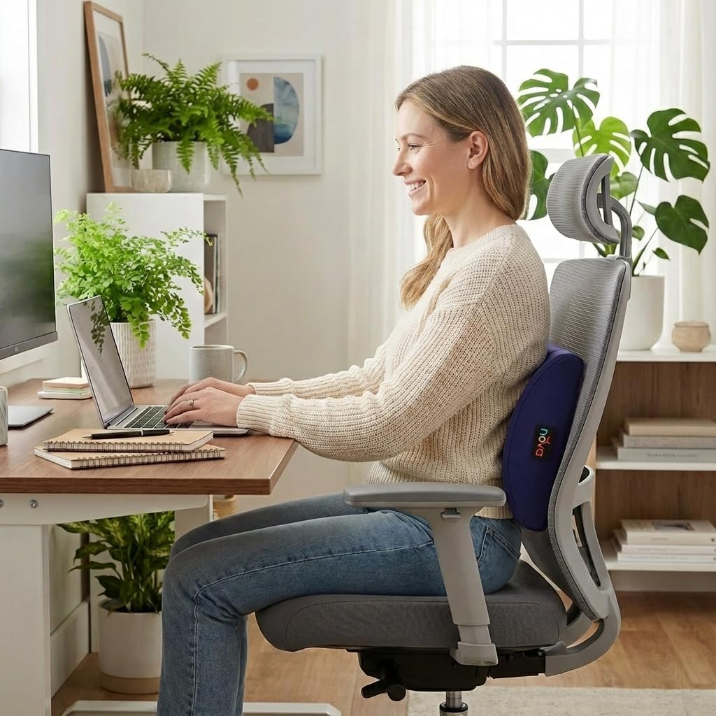 nova Lumbar Back Support Cushion – Contoured High-Density Foam Back Pillow for Office Chair, Car, Plane & Wheelchair – Adjustable Strap, Removable Washable Cover, Navy Blue (14” x 13”)