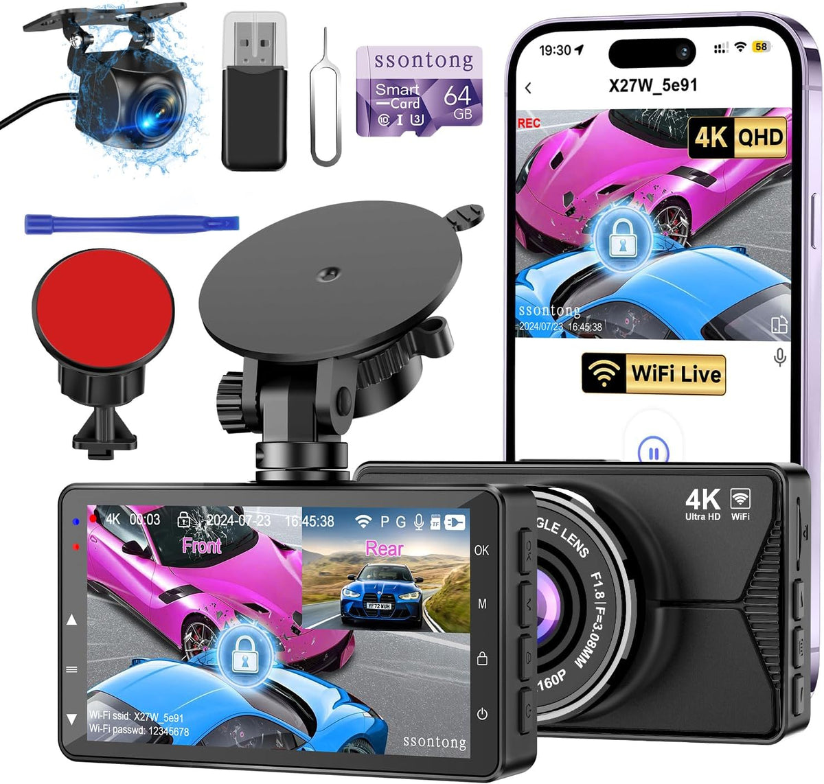 Dash Cam Front and Rear, 4K WiFi App Control with 64GB Card USB Powered