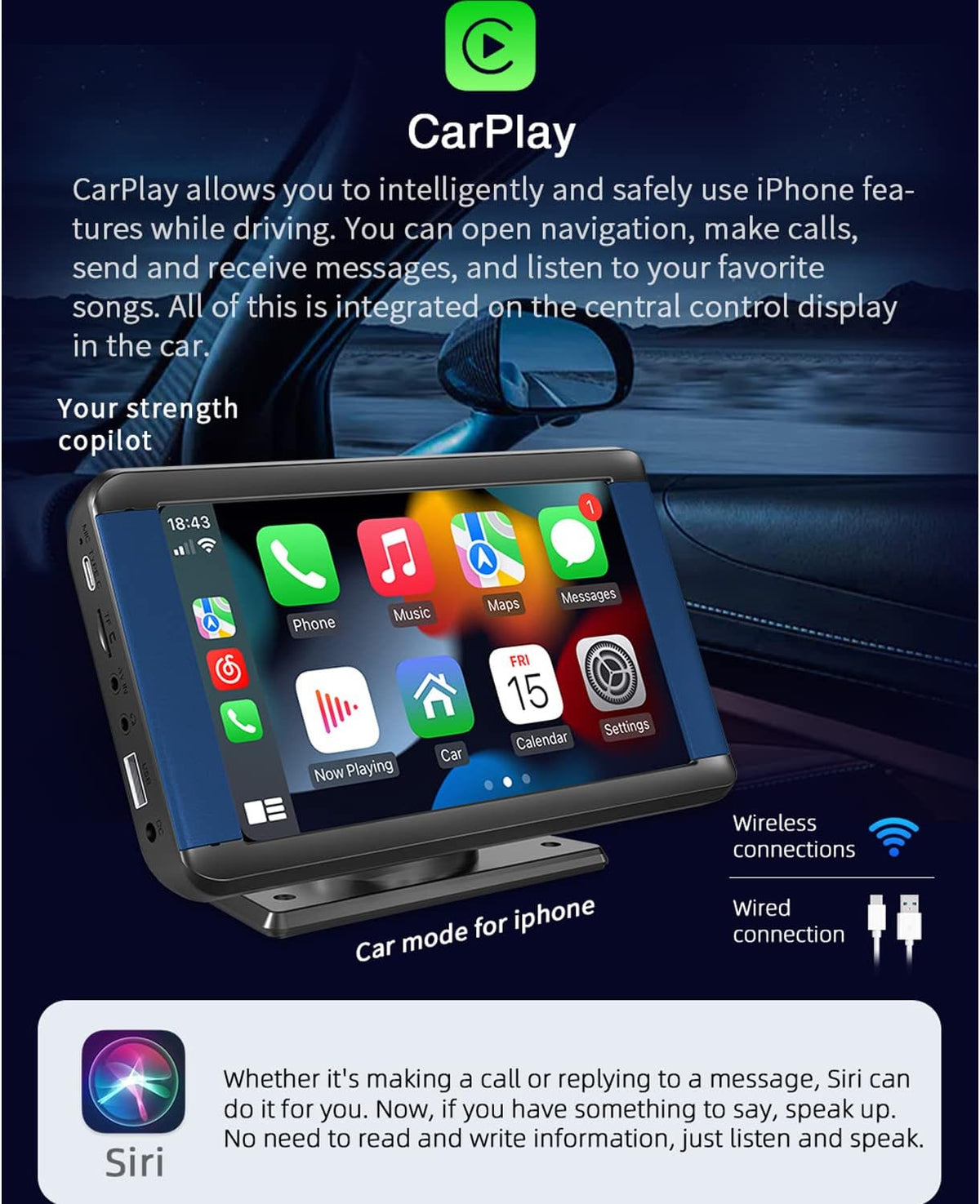 Portable Car Stereo, Compatible for Wireless CarPlay & Wireless Android Auto, 7inchTouchscreen Car Monitor with Backup Camera, Bluetooth, FM Transmitter, Headphone/AUX /USB/ TF Card/ Type C Port