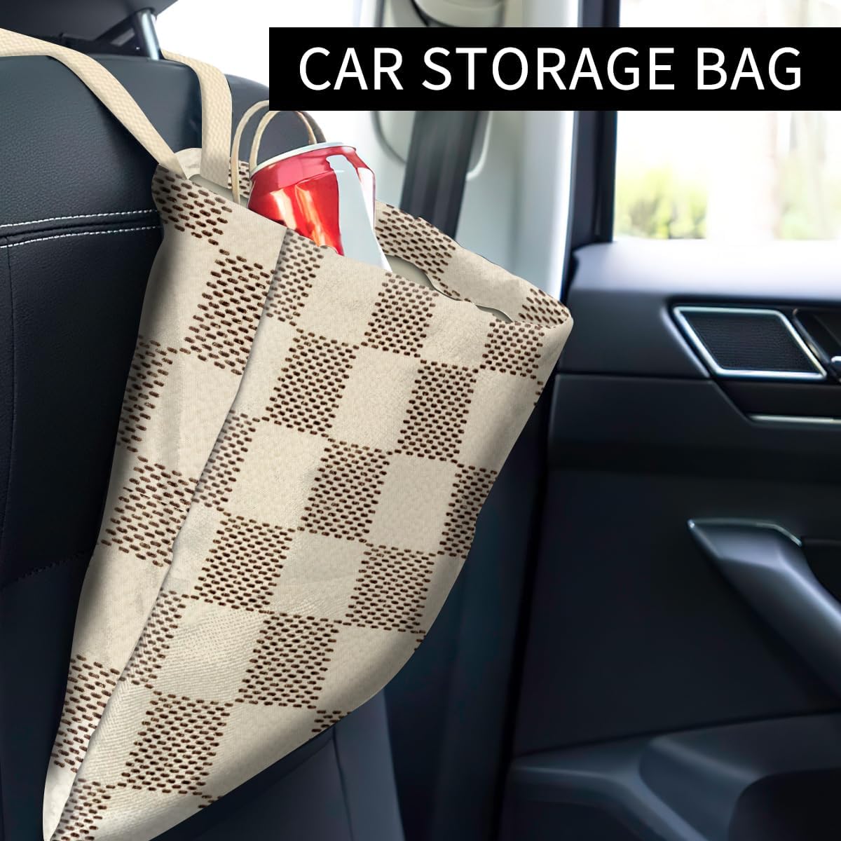 Car Trash Can, Cute Car Trash Bag, Hanging Car Organizer and Storage Bag, Trash Bin for Car Accessories, Vehicle, Travelling, Camping Luxury Beige Checkered
