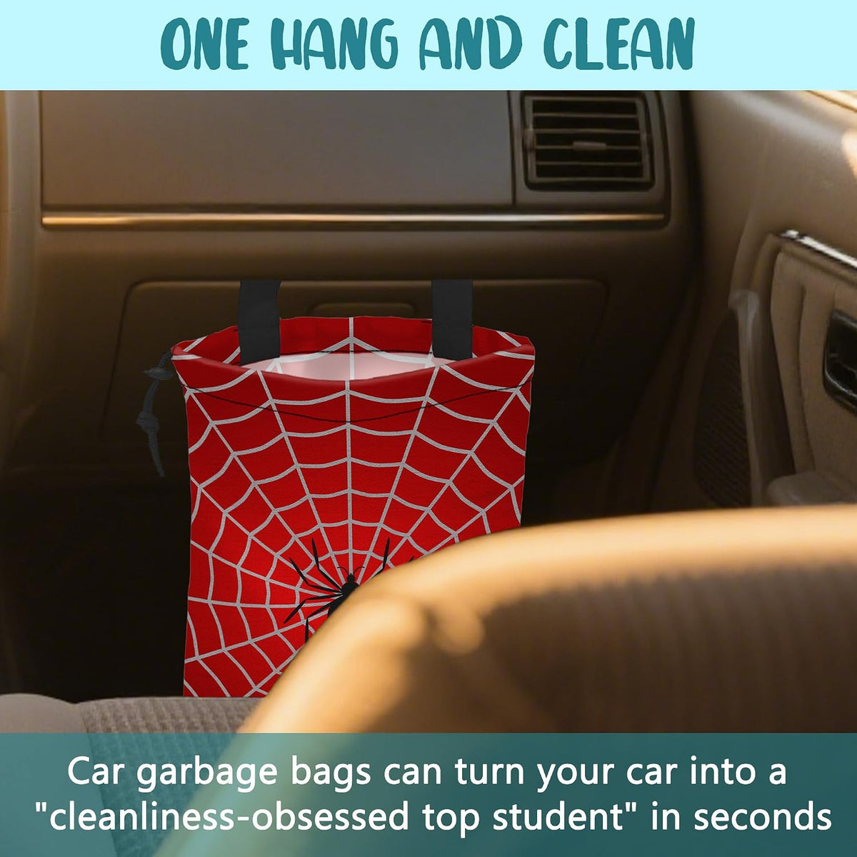Car Garbage Bag Spider on Spider Web Drawstring Car Trash Bag Hanging for Back Seat with Adjustable Buckle Canvas Vehicle Trash Can Easy-to-Install
