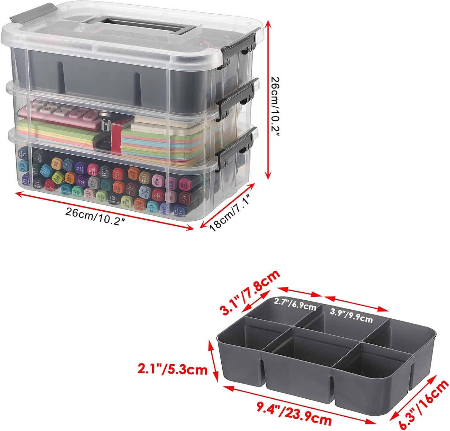 JUXYES 3-Tiers Plastic Stack Carry Storage Containers Box wih Handle Lids | 2 Pack Clear Stackable Craft Storage Bin for School &amp; Office Supplies, Organizing Stationery, Sewing, Art Craft, DIY Supplies