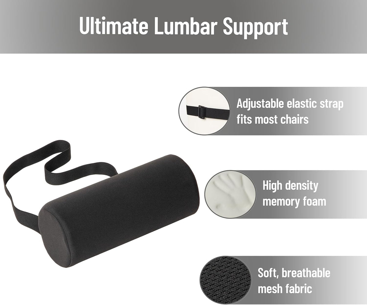 Mind Reader Lumbar Roll Pillow with Air-Cloud Memory Foam, Back, Waist & Hip Support, Breathable Cover & Adjustable Strap, Black