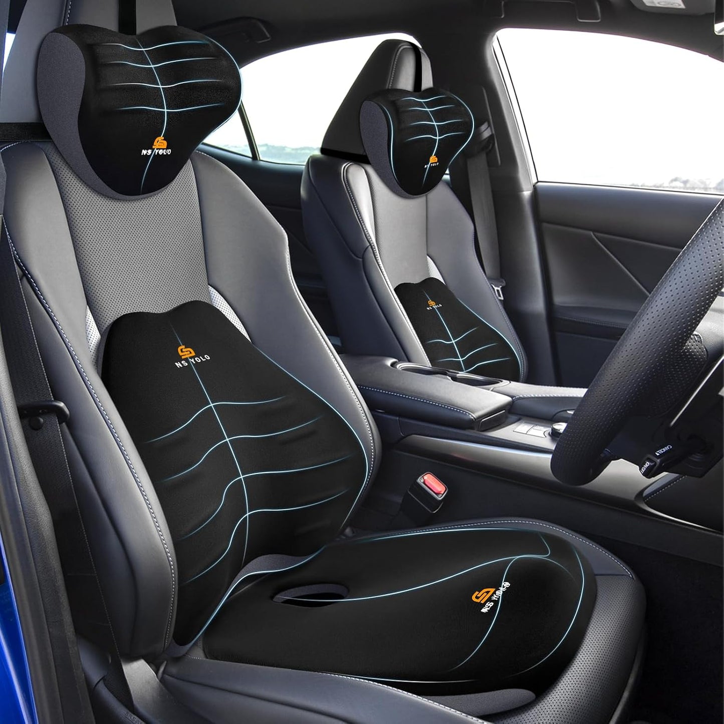 NS YOLO Ergonomic Car Seat Cushion with Comfort Memory Foam Neck Pillow, Car Pillow,Lumbar Support and Big Size Soft Seat Cushion for Driving Seat,Office Chair and Wheel Chair (Black and Grey-3 pcs)