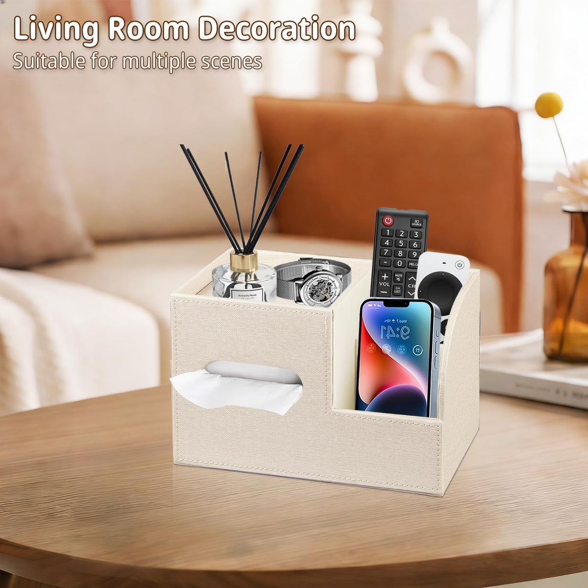 PU Leather Square Tissue Box Cover with Storage Tray,Cube Tissue Box Holder