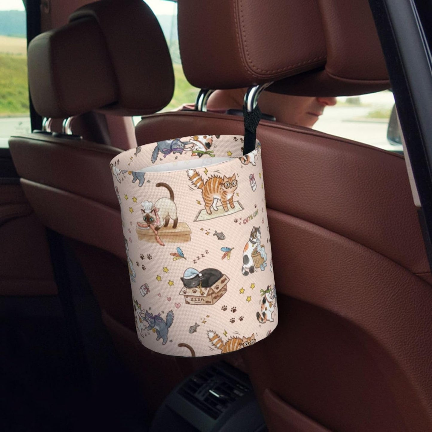 Cute Cats Car Trash can,car Garbage can, car Trash bin, Waterproof and Durable,Collapsible,Cylindrical, with Velcro Fastening Strap, Suitable for All car Models.